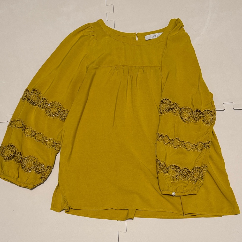 LOFT Daffodil Yellow Top with Crochet Detailing on the Sleeves